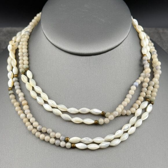 Vintage Natural Gemstone & Mother Of Pearl Rice Beads Necklace Double Strand 15" - Picture 2 of 13